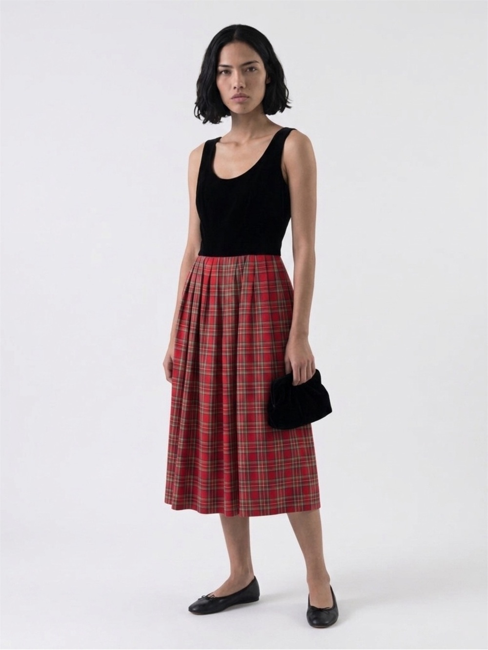 Jessica Howard Black Velvet Top with Red Plaid Taffeta Midi Skirt